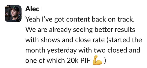 Alec D. message: two closed to start the month, one of which was 20k paid in full