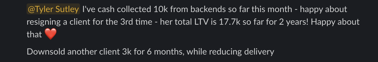 Swee M. message: 10k cash collected from backends this month, one client lifetime value 17.7k over two years
